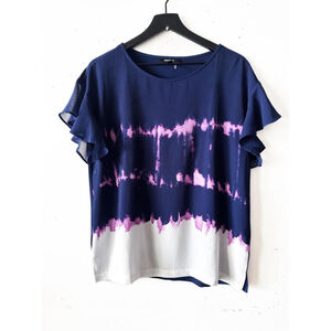 DKNY Navy Tie-Dye Flutter Sleeve Women's Top